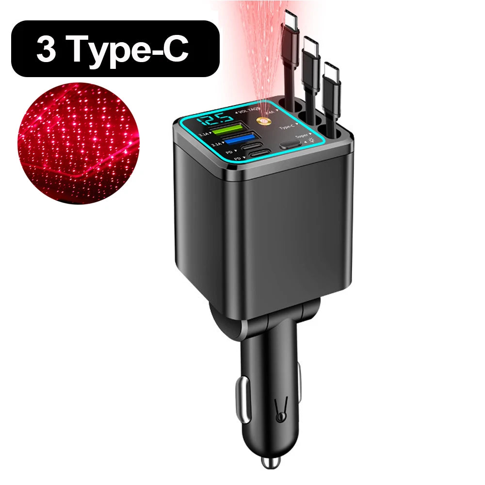 Chargeur Allume-Cigare 148W 3 Câbles Rétractables USB-C