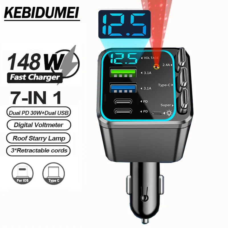 Chargeur Allume-Cigare 148W 3 Câbles Rétractables USB-C