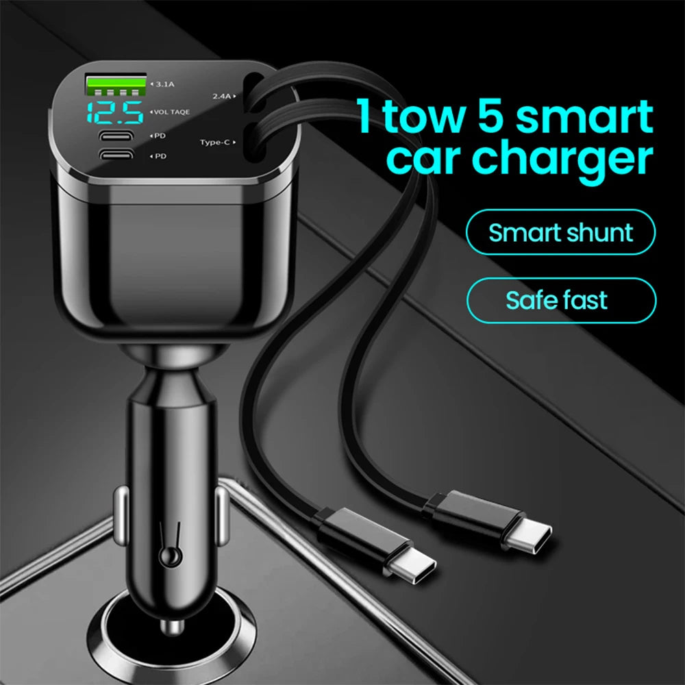 Chargeur Voiture 2 Câbles Rétractables USB-C