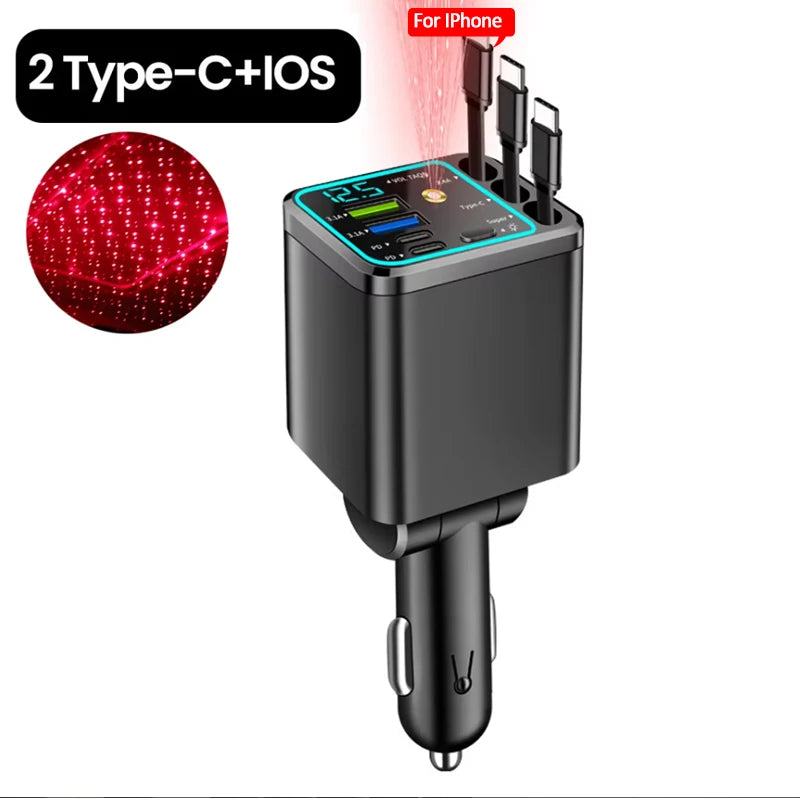 Chargeur Allume-Cigare 148W 3 Câbles Rétractables USB-C