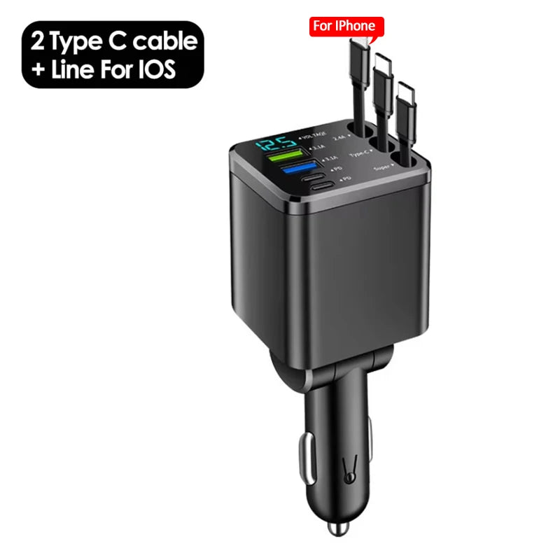 Chargeur Allume-Cigare 148W 3 Câbles Rétractables USB-C
