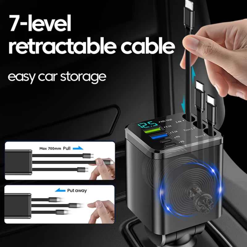 Chargeur Allume-Cigare 148W 3 Câbles Rétractables USB-C