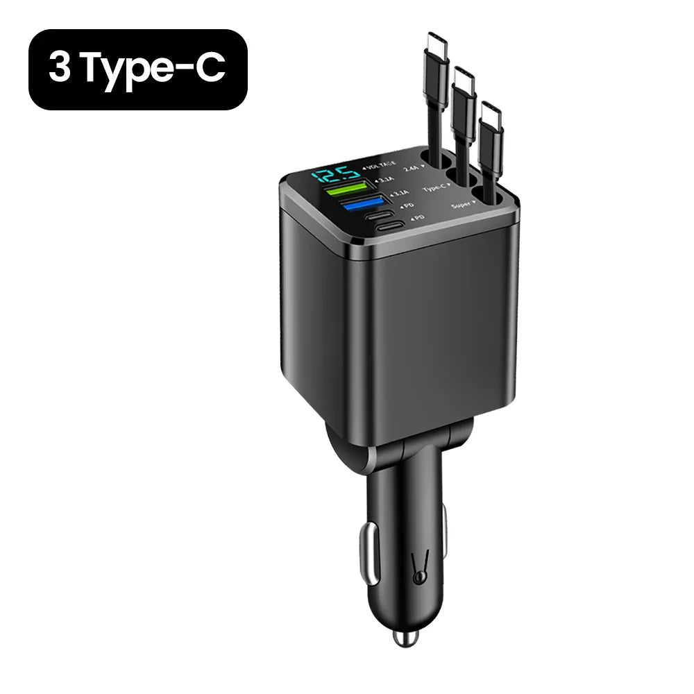 Chargeur Allume-Cigare 148W 3 Câbles Rétractables USB-C
