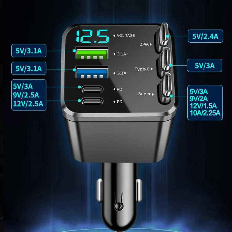 Chargeur Allume-Cigare 148W 3 Câbles Rétractables USB-C