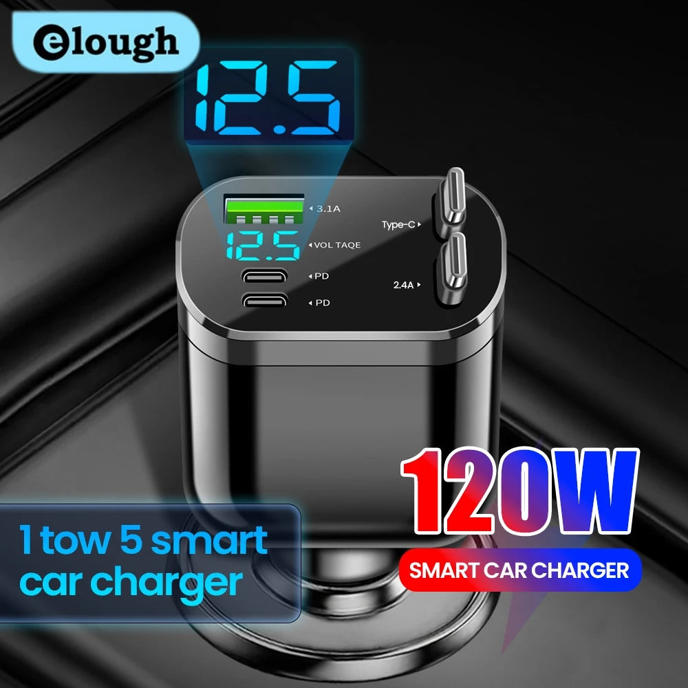 Chargeur Voiture 2 Câbles Rétractables USB-C