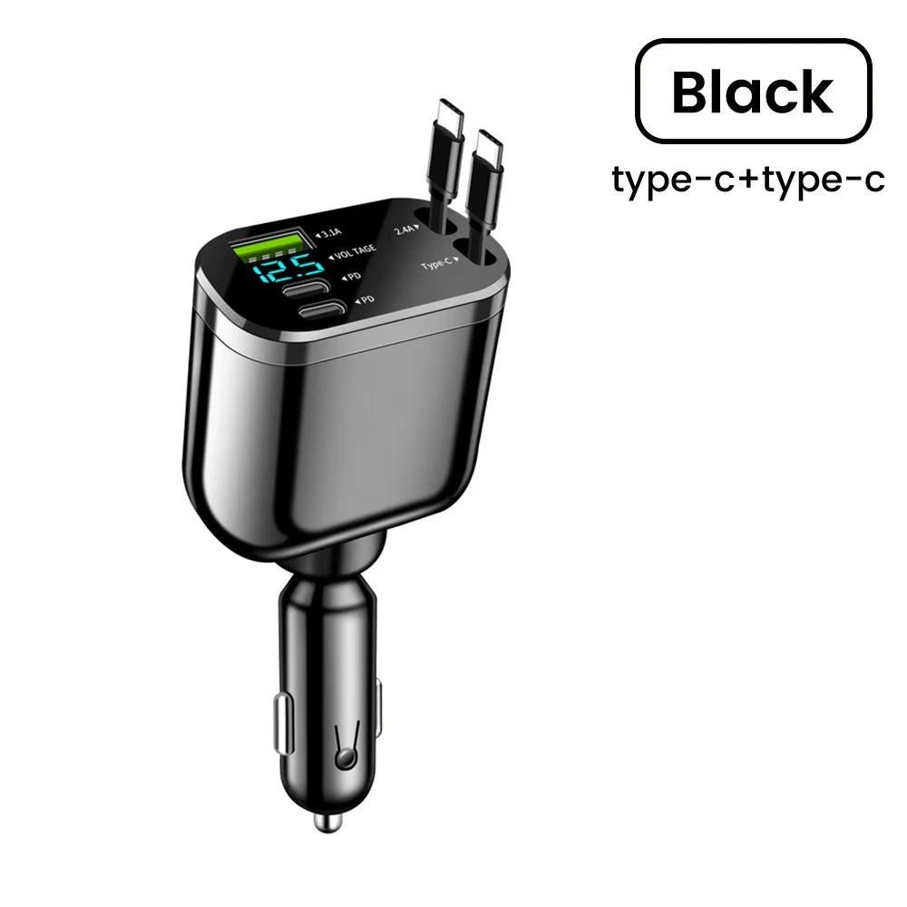 Chargeur Voiture 2 Câbles Rétractables USB-C