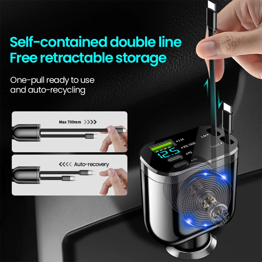 Chargeur Voiture 2 Câbles Rétractables USB-C