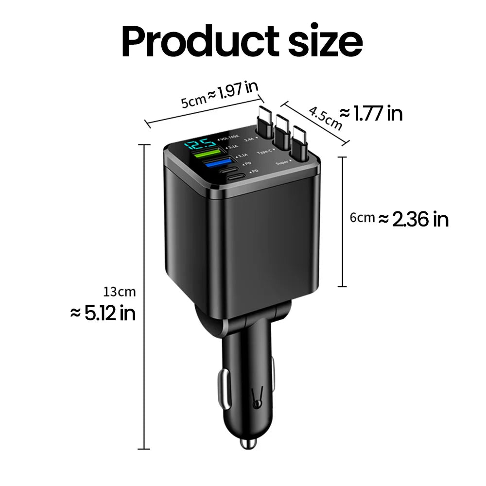 Chargeur Allume-Cigare 148W 3 Câbles Rétractables USB-C